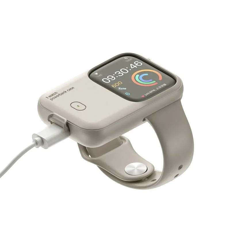 Apple Watch portable wireless charging case and silicone cover in brown, midnight blue, or starlight.