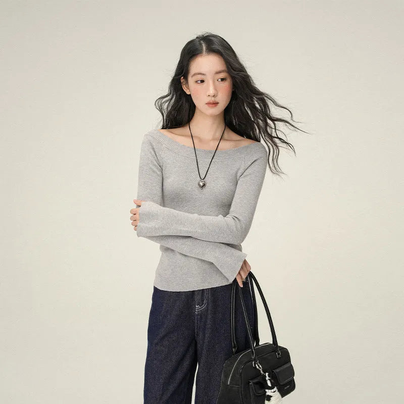 Pure Desire women's soft knit oblique angle shoulder pullover sweater in solid colour, slim fit, short length