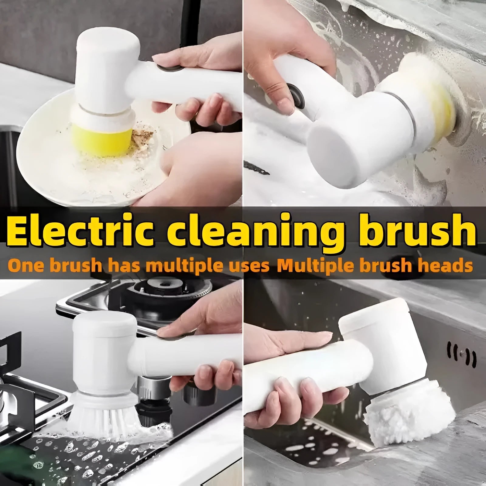 White electric cleaning brush with three interchangeable heads for household surfaces