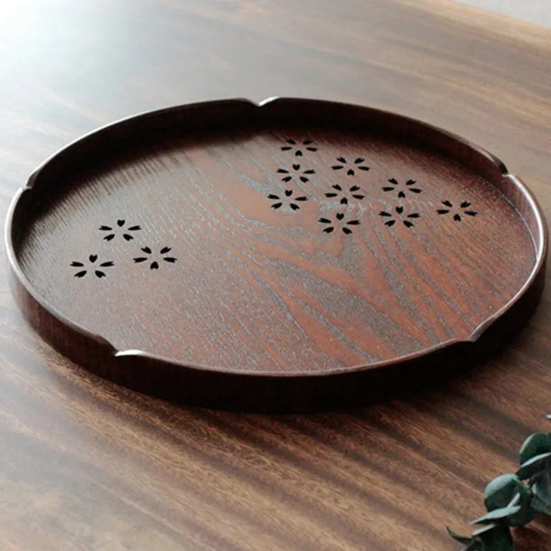 Japanese wooden sakura shallow dessert plate with hollow cherry blossom design, 30cm diameter