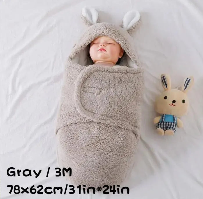 Fluffy fleece baby sleeping bag swaddle in blue with adjustable hook-and-loop closure for newborn