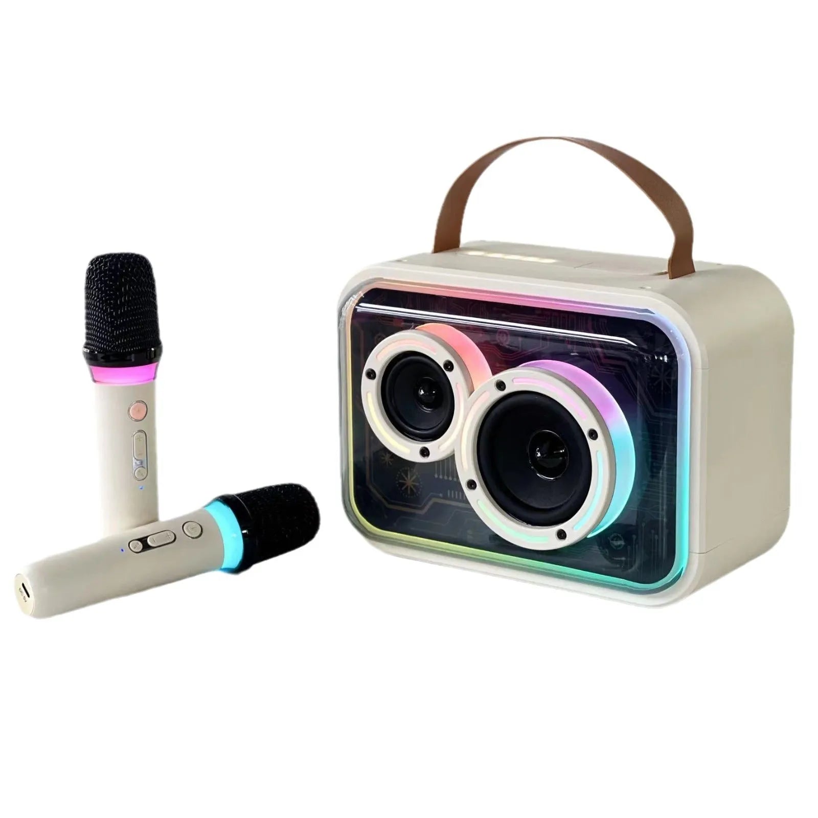Light yellow portable Bluetooth karaoke speaker with RGB lighting and microphone