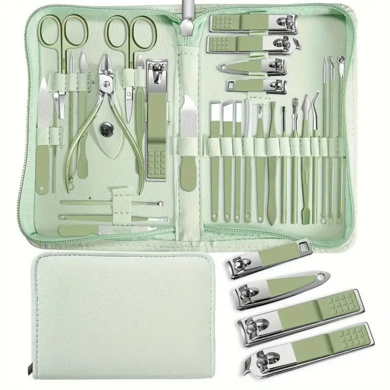 30-piece stainless steel nail beauty tool set shown in pink, blue, rose gold, black, and green colour options.