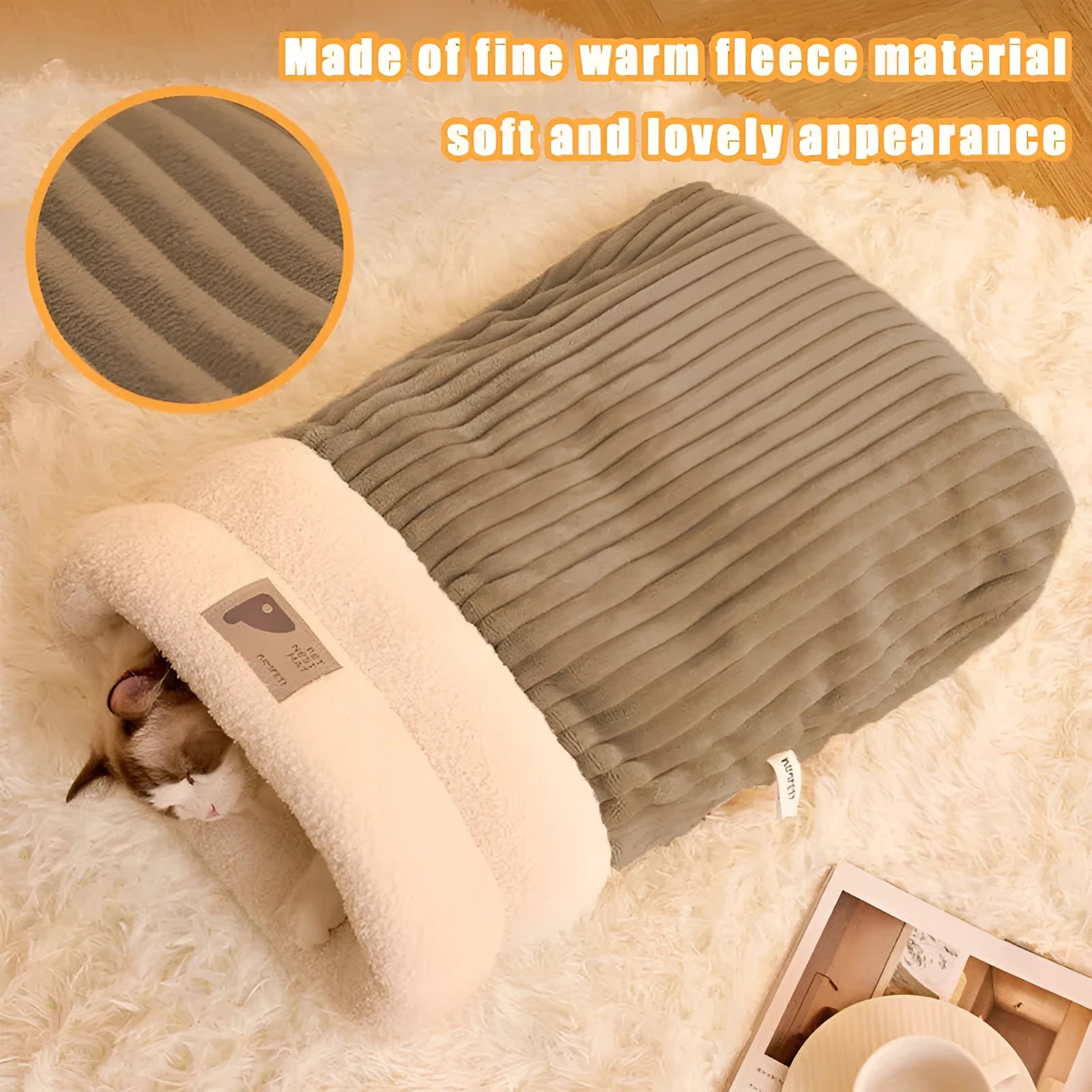 Brown grey white pet sleeping bag semi enclosed design for indoor cat dog use