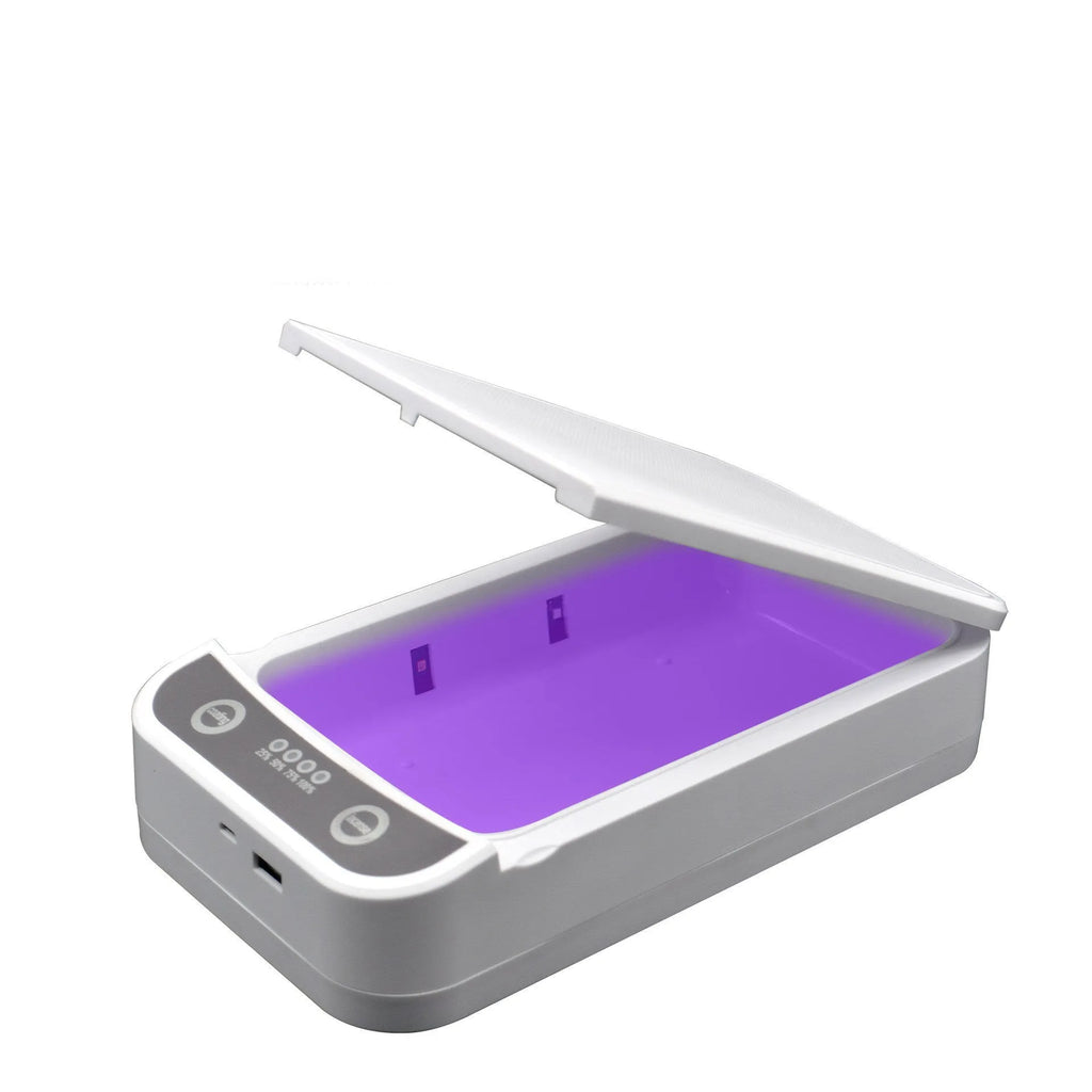 UV disinfection box with USB port, showing internal chamber for a mobile phone.