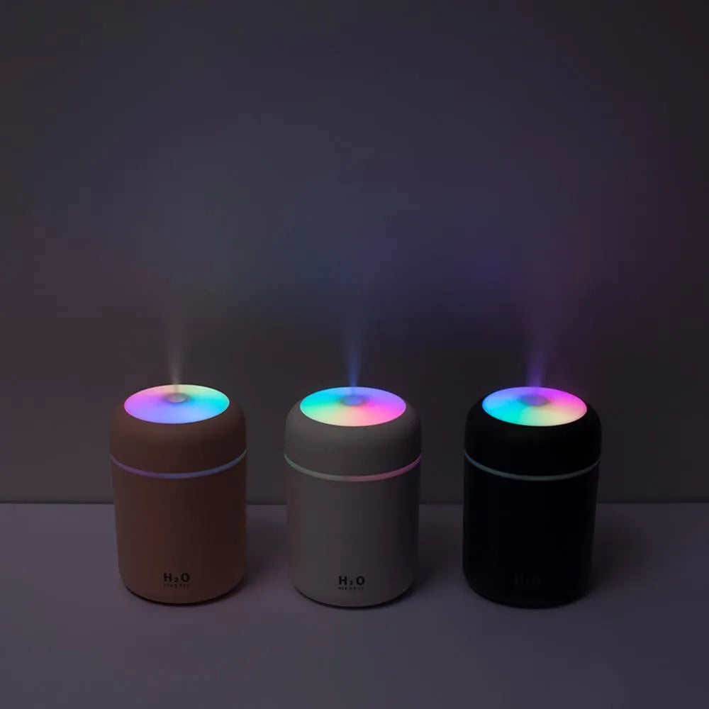 Pink, white or navy blue USB mini humidifier with 300ml tank and colourful lights on desk