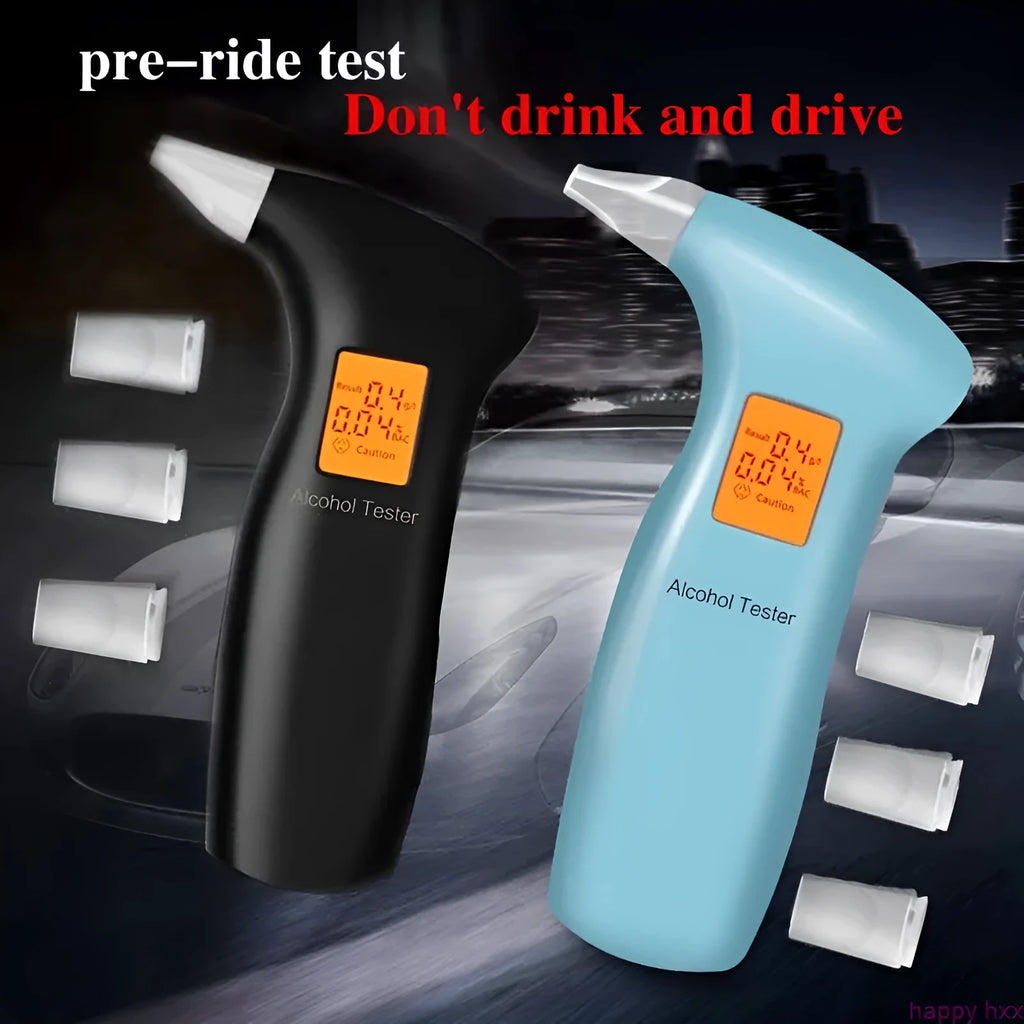 Portable orange light breath alcohol tester with four replaceable mouthpieces and user manual.