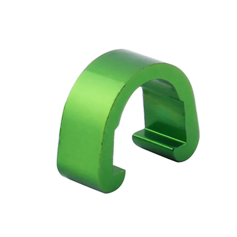 Ten small aluminium C-shaped buckles in assorted colours including black, blue, gold, and red.