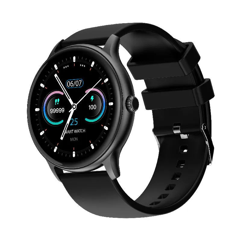 Black smart sports watch with round touch screen displaying health stats on a silicone strap.