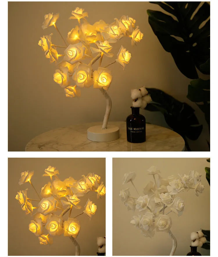 White and red PE cotton rose flower LED table lamp with bonsai tree base, powered by battery or USB.