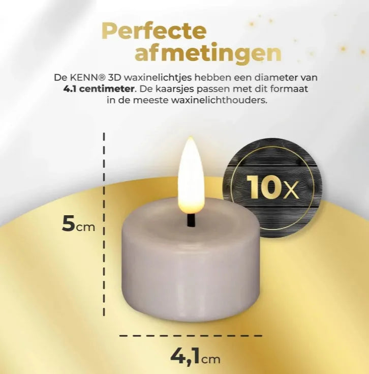 Ten taupe-coloured LED tealight candles with a flickering 3D flame effect, shown from above.