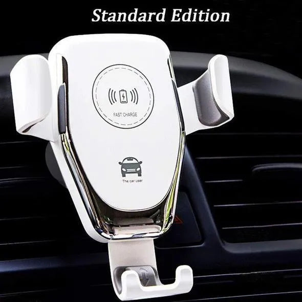 Black car wireless charger mounted on vent, holding iPhone with automatic support arms visible