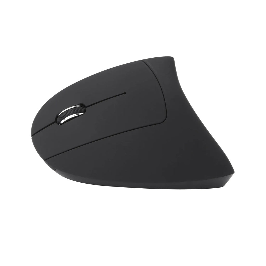 Left hand vertical wireless mouse in black ergonomic design with thumb buttons