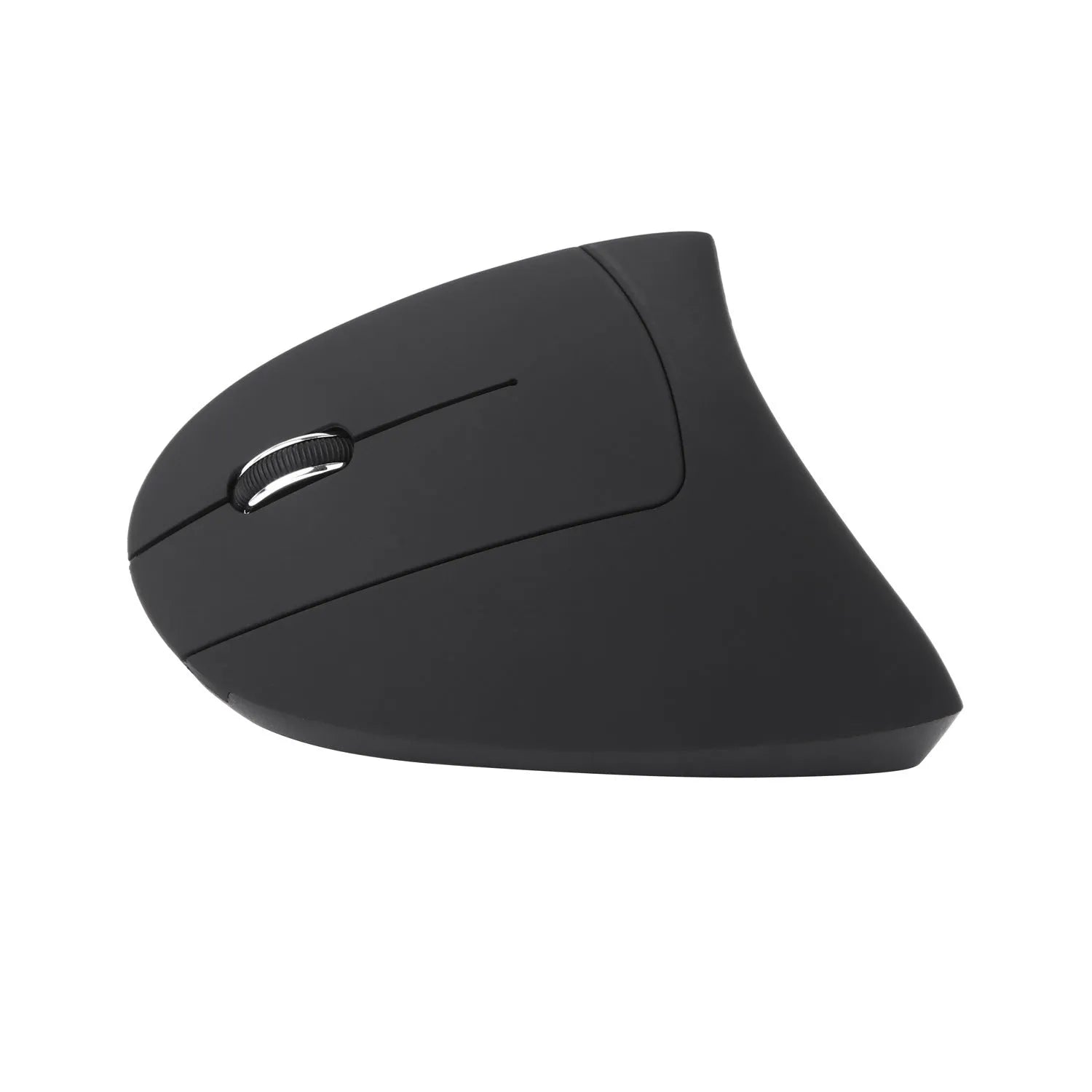 Left hand vertical wireless mouse in black ergonomic design with thumb buttons