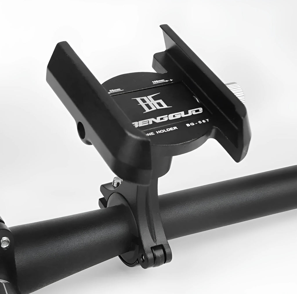 Aluminium bicycle phone holder mounted on handlebars with phone inserted