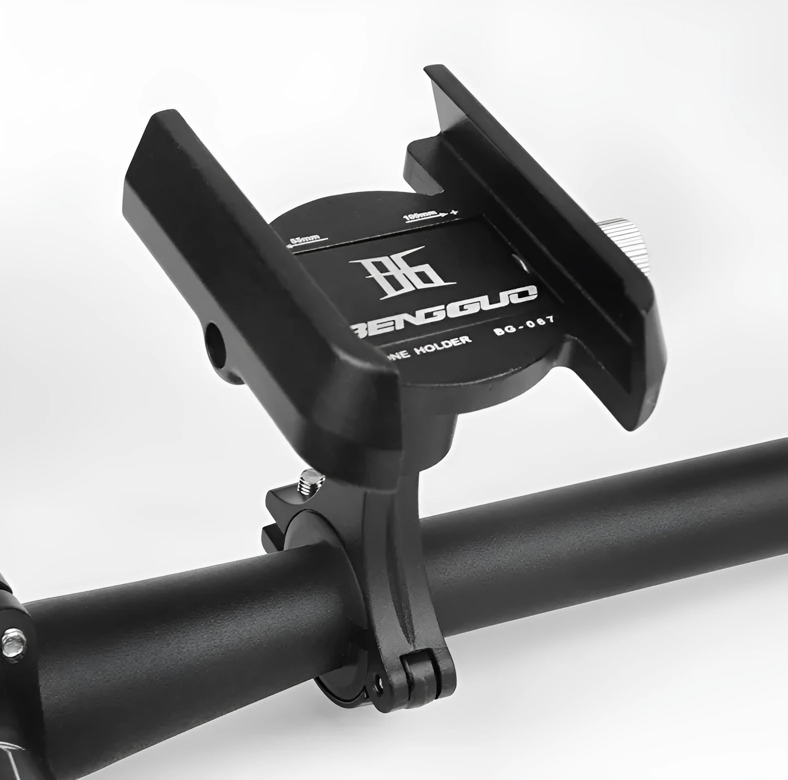 Aluminium bicycle phone holder mounted on handlebars with phone inserted