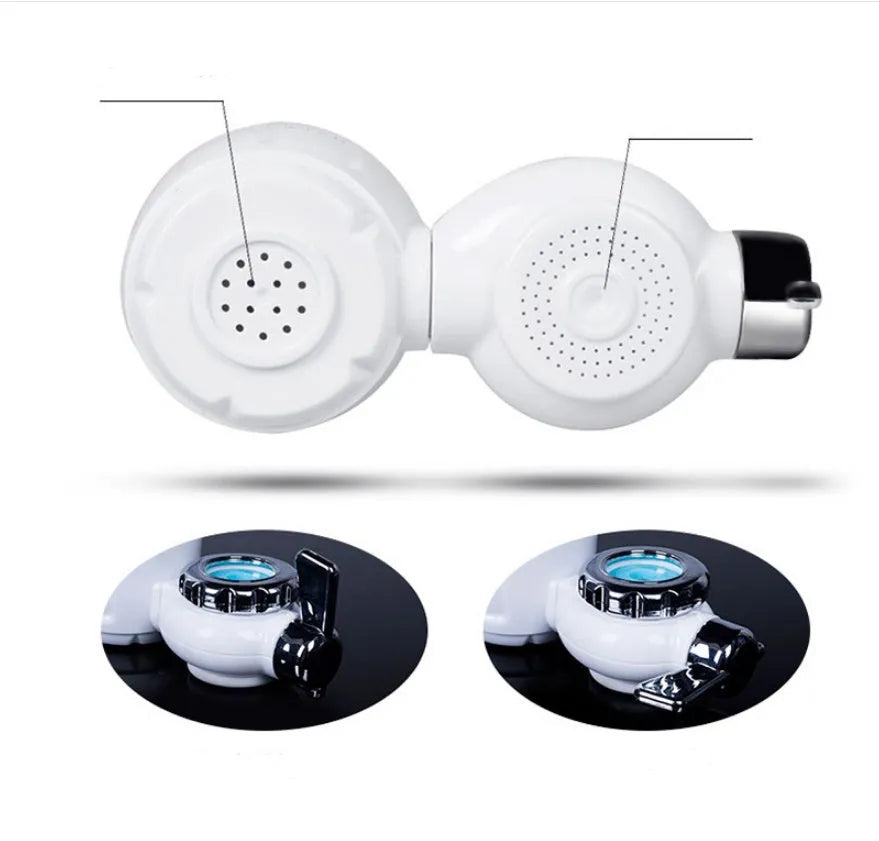 White plastic faucet water filter with ceramic cartridge and universal adapters for kitchen tap installation
