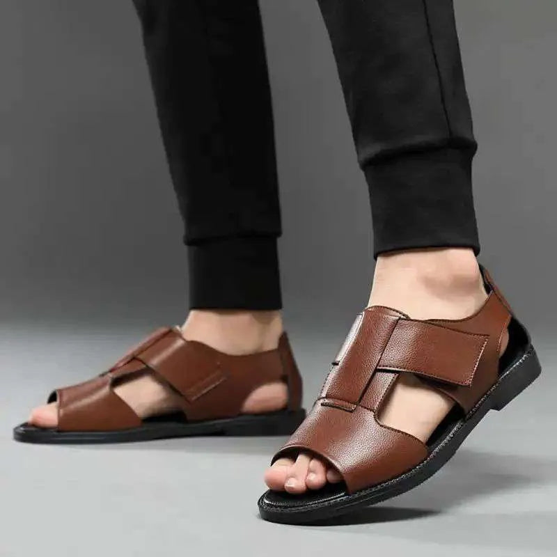 Men's black and brown leather casual sandals with open toes and rubber soles on a size chart.