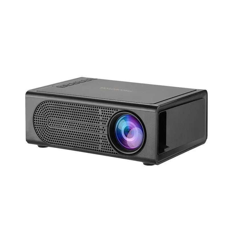 Black or white portable mini projector with wired mobile phone connection and multiple international power plug options