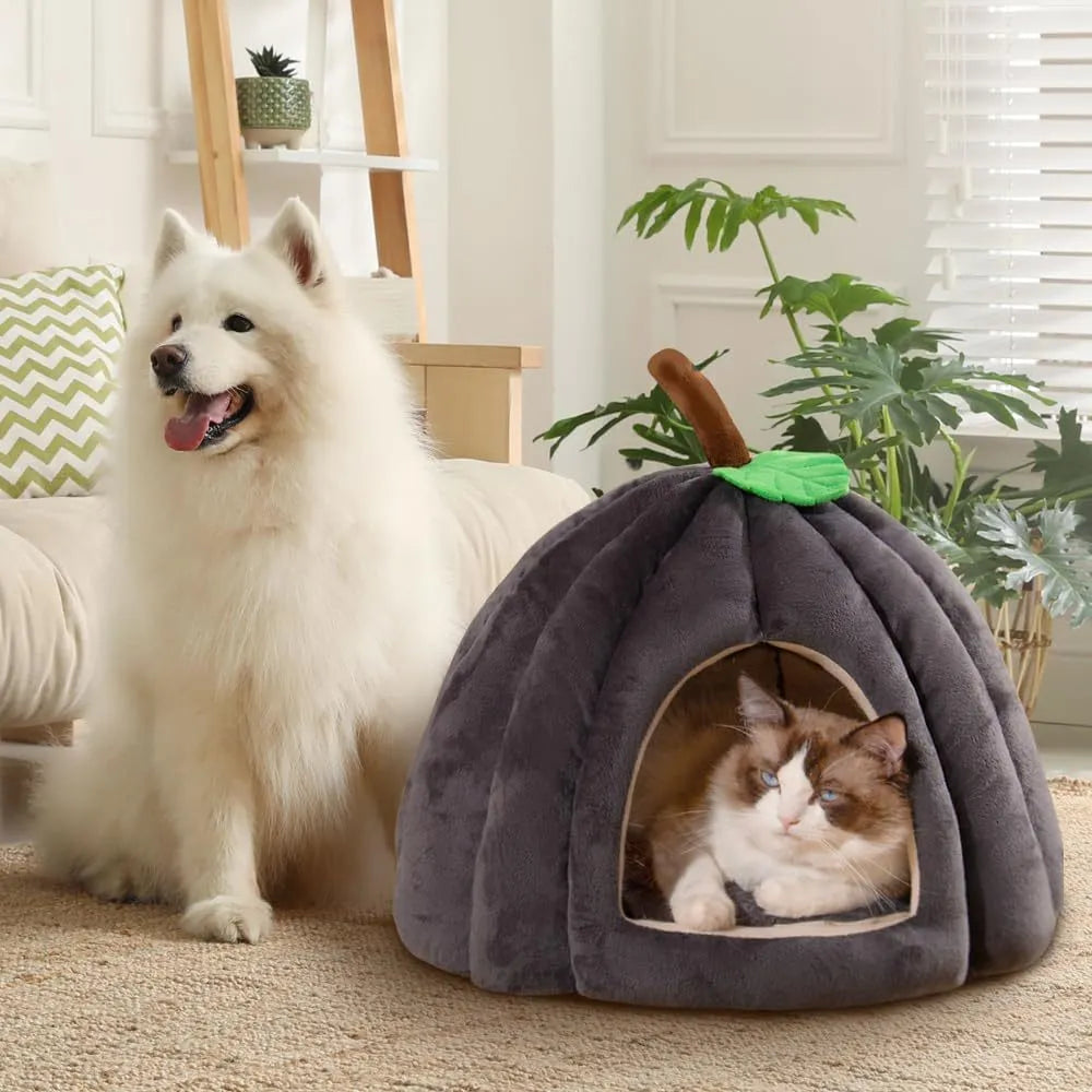 Grey pumpkin-shaped cat cave bed with plush fabric, shown with a small cat inside.