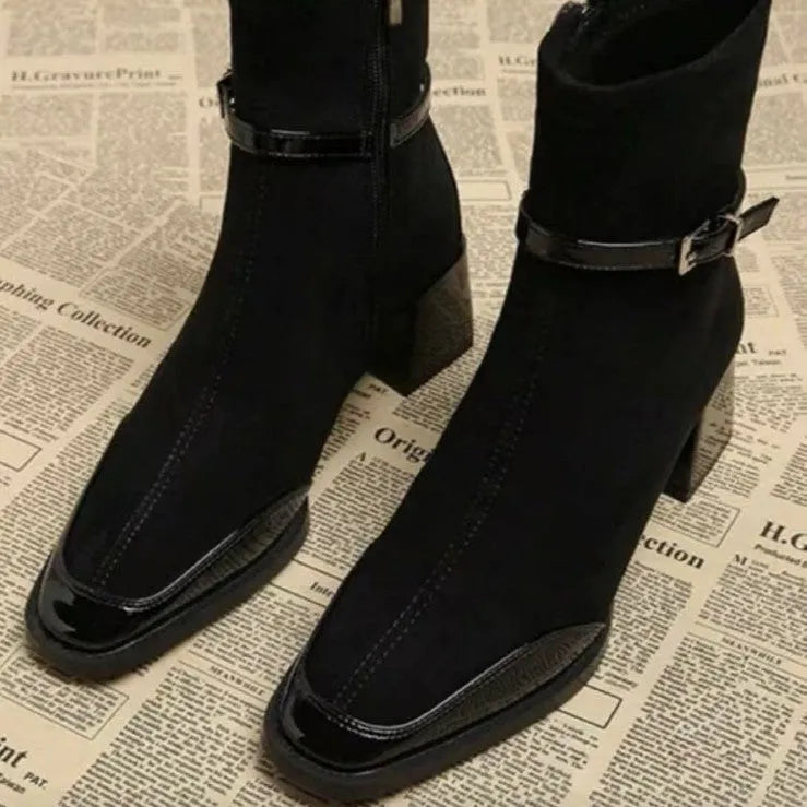Retro French British style black suede ankle boots with square toe and thick heel