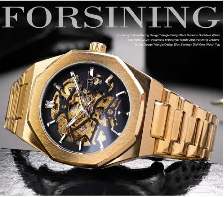 Men's mechanical automatic watch with skeleton dial, stainless steel case, genuine leather band, 41mm diameter