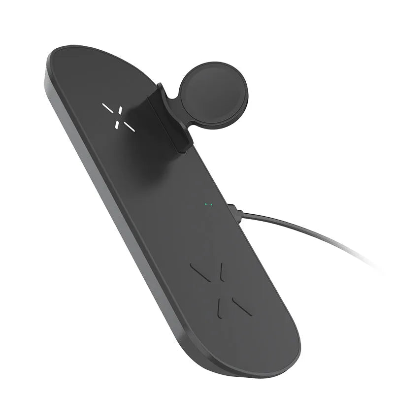 3 in 1 wireless charger in black with Galaxy Watch Active and earbuds placed on charging zones