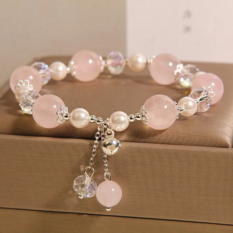 Natural pink crystal bracelet for women with pearl and bell accent, Japanese Korean style