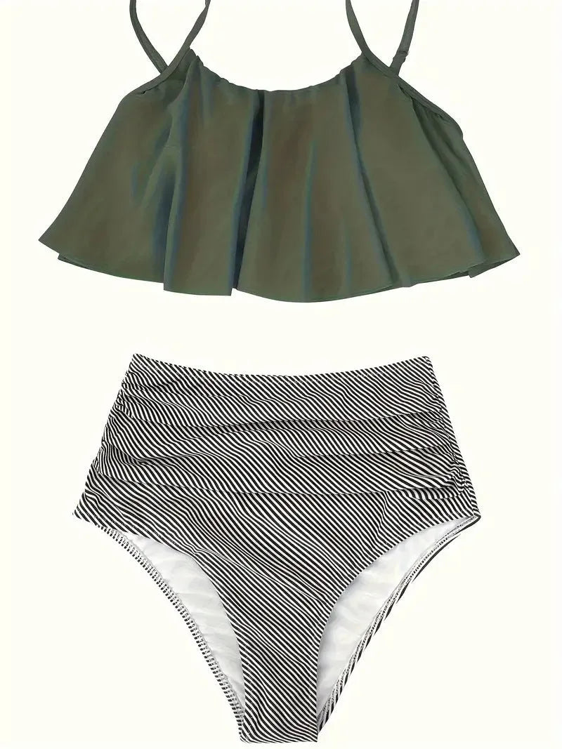 Women's conservative split swimsuit with high-waisted ruffled briefs in polyester fabric
