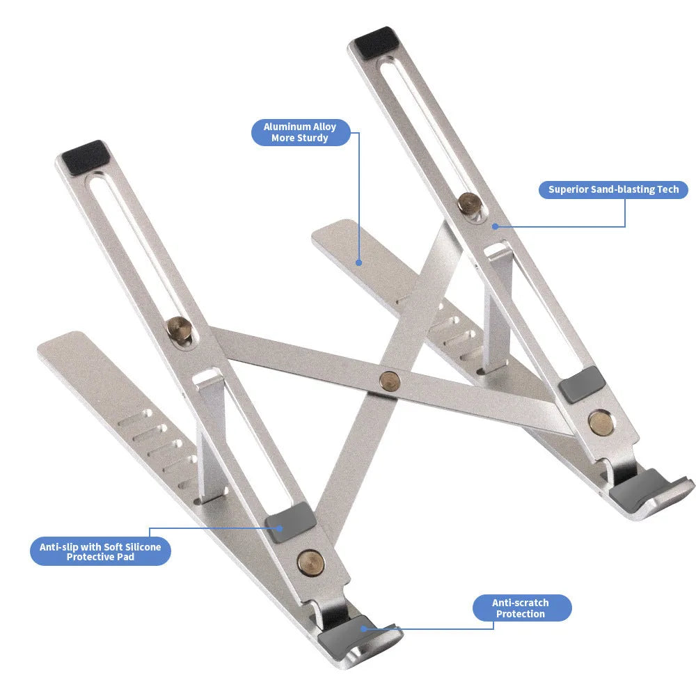 Silver aluminium laptop stand folded to 247x210x65.94mm with six-gear height adjustment mechanism