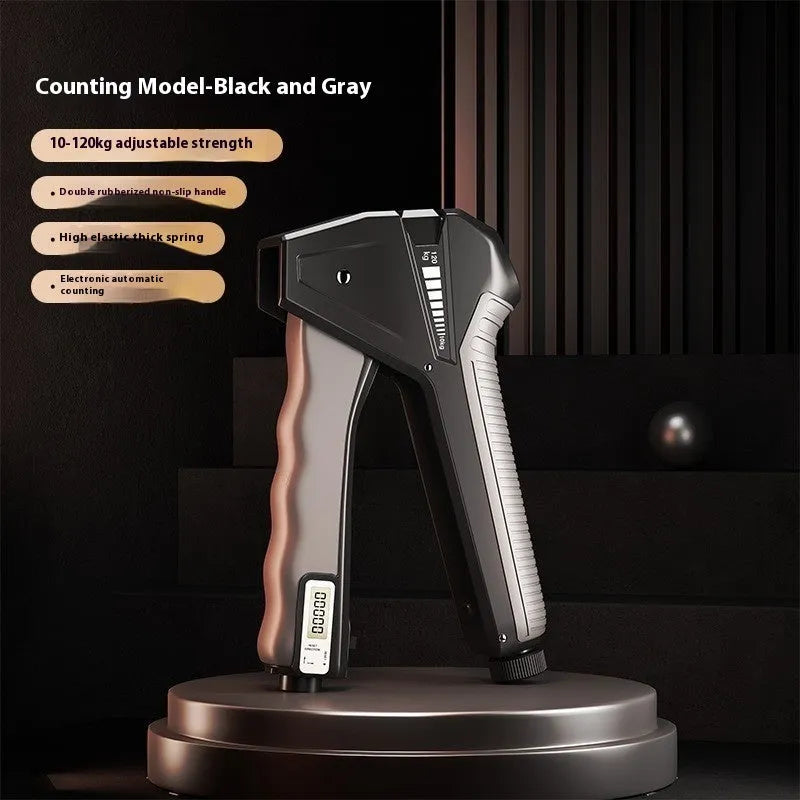 Adjustable hand gripper with spring mechanism showing 5-60kg resistance range in black colour option