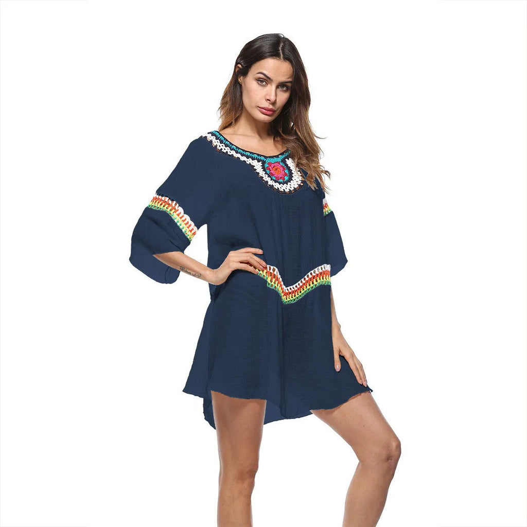 Women's crocheted ethnic style sun protection clothing cover-up on a beach