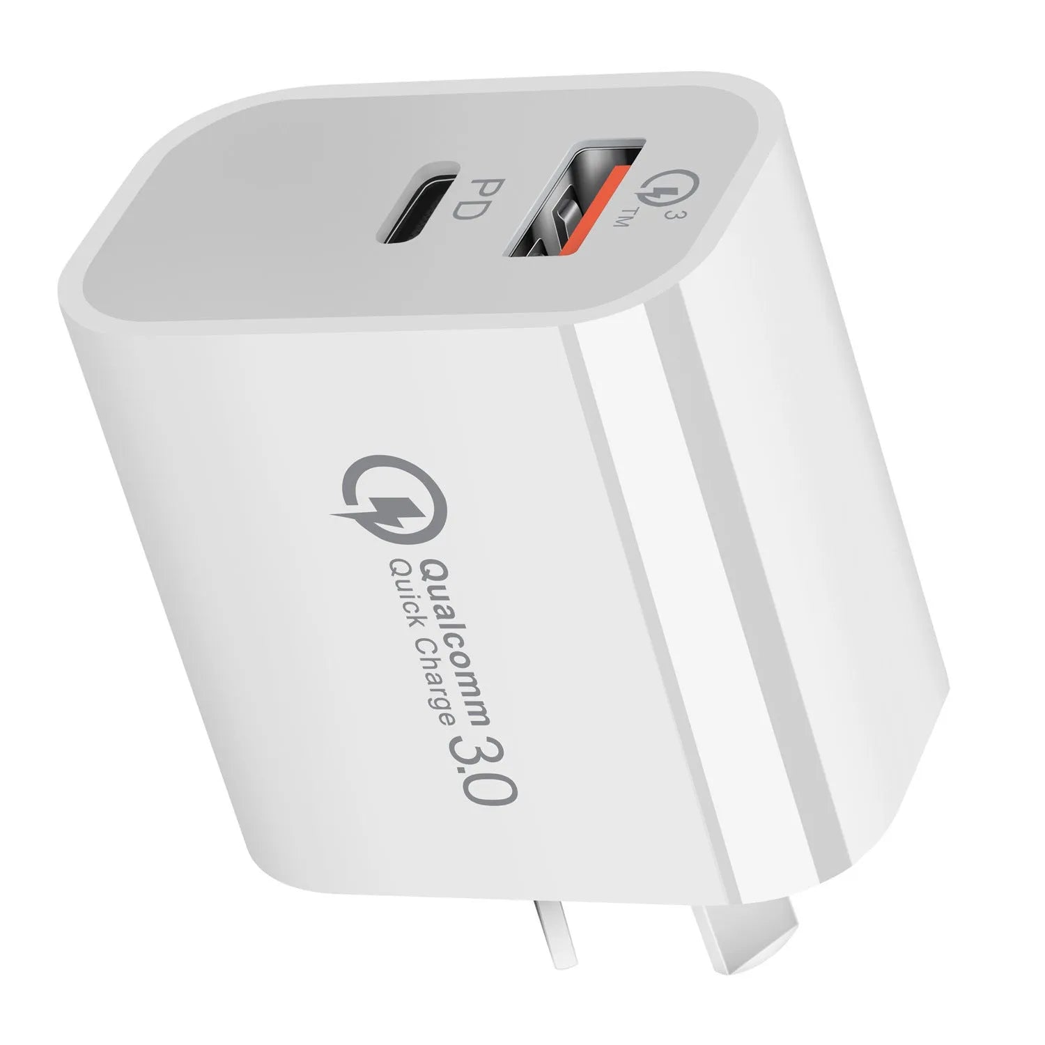 White Australian dual port USB wall charger with Type-A and Type-C ports on a white background.