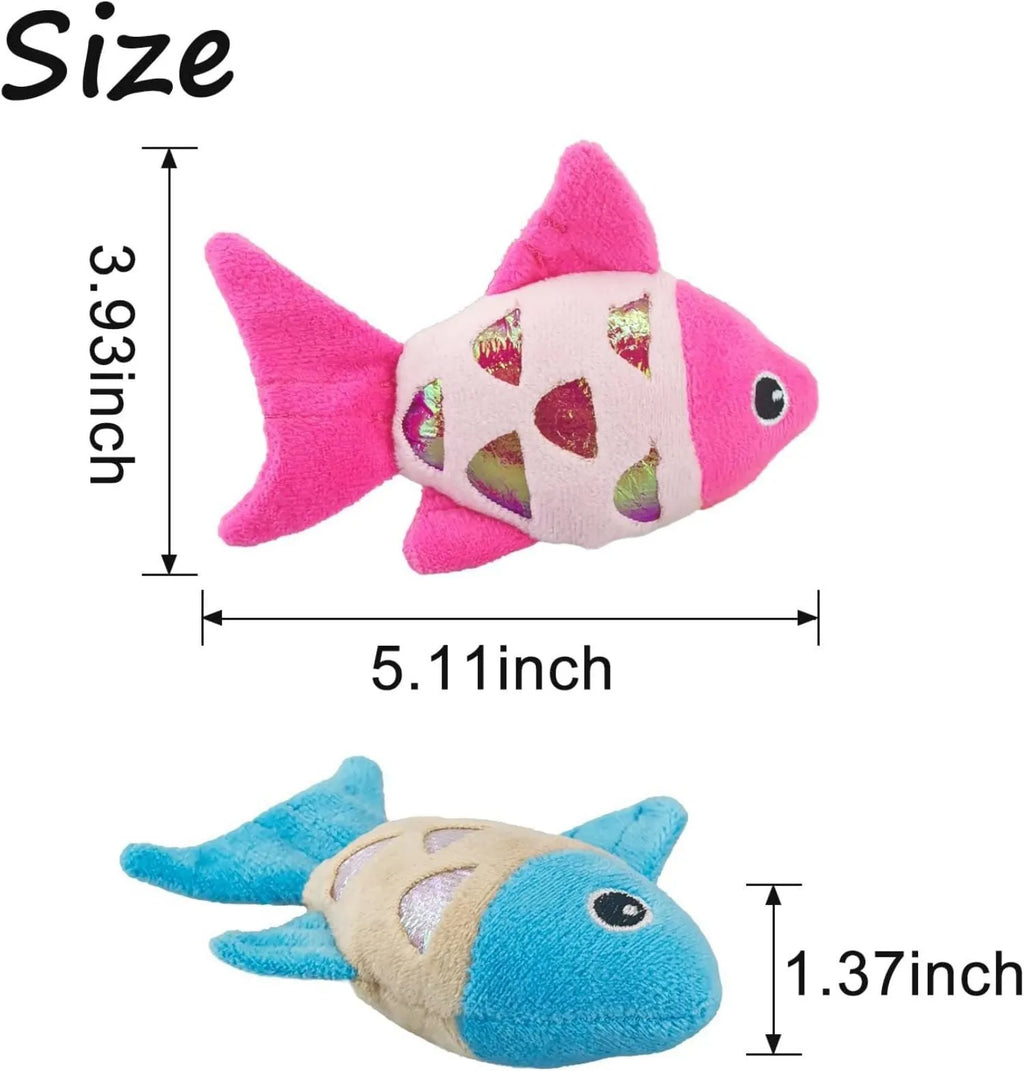 Blue, orange and pink fish-shaped cat toys with plush exterior and crinkle paper elements