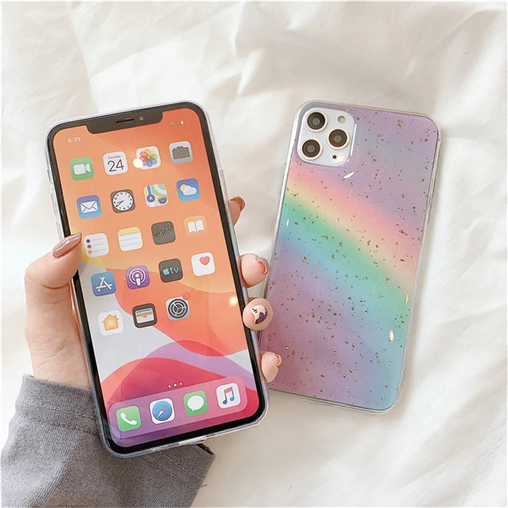 Rainbow gradient striped iPhone case made from flexible TPU material with protective shell design