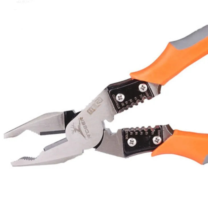 Orange multi-function wire cutter pliers with alloy steel head and PVC handle.
