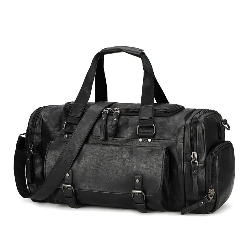 Black travel bag with separate shoe compartment, waterproof PU fabric exterior