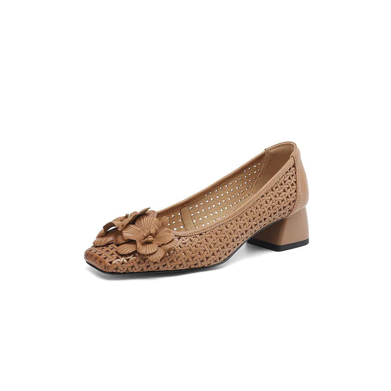 Light brown women's hollow pumps with a woven leather upper and a mid heel.