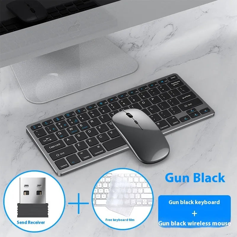 Rechargeable black ultra-thin wireless keyboard and mouse set with USB receiver and protective cover on a desk.