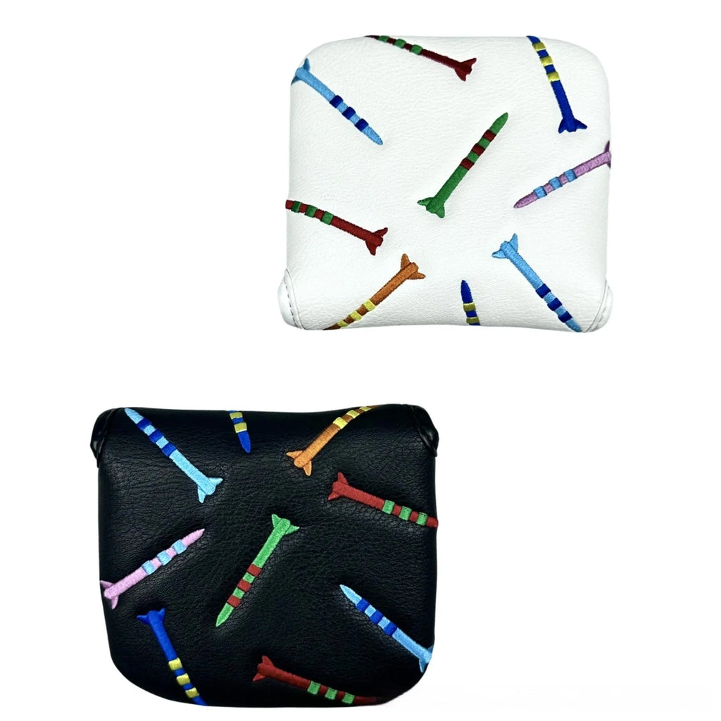 Black PU leather protective sleeve for a Rocket pattern square golf putter head.