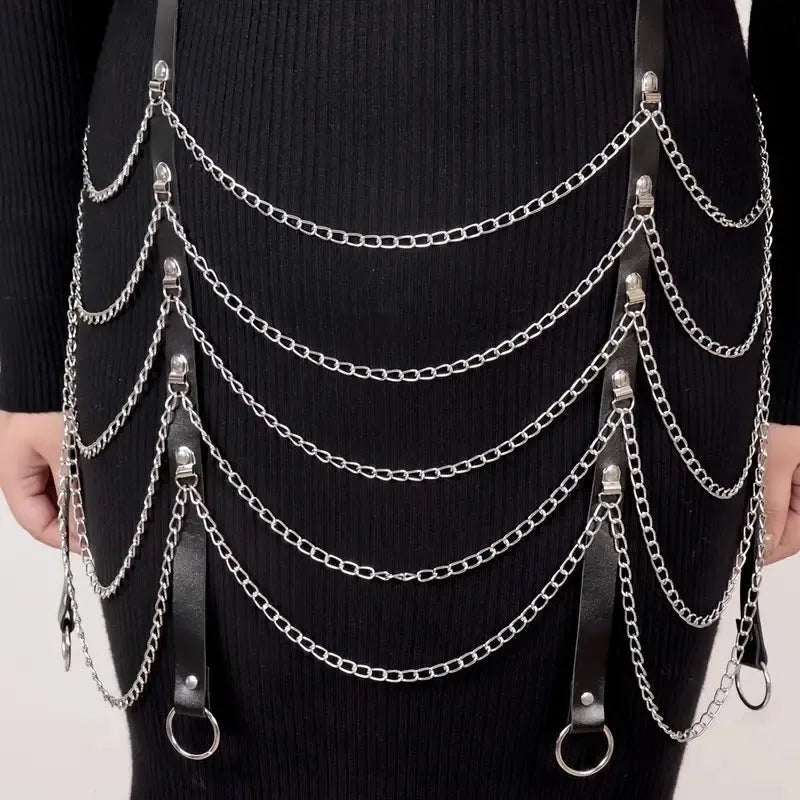 Black PU leather waist chain with bandage binding design for women