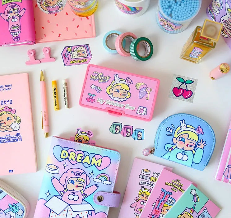 Cartoon sticker set showing 16 square PVC decals and storage box with cute girl and comic designs.