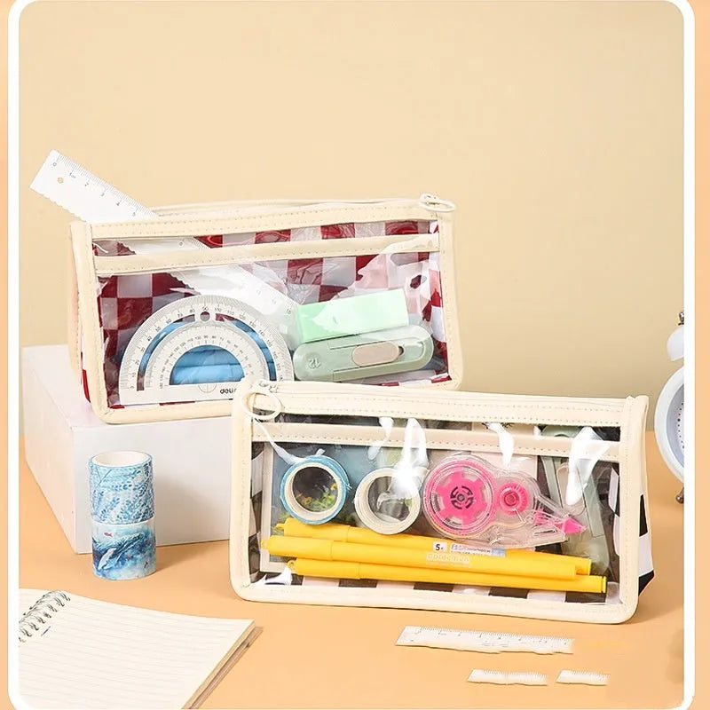 Transparent PVC pencil case with chessboard grid pattern in black and white or red and white.