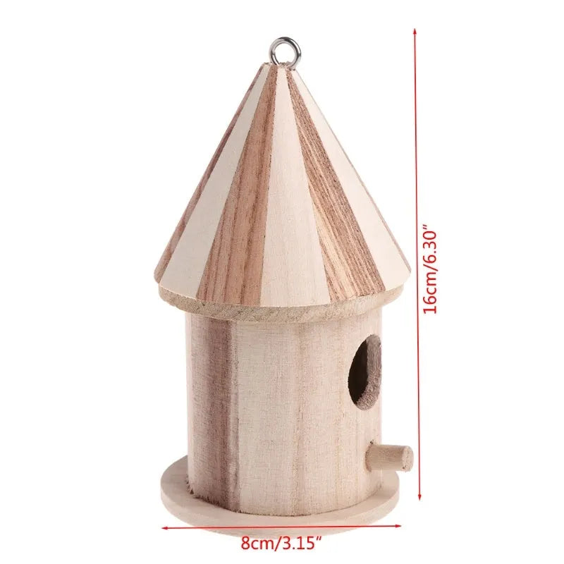 Hand-carved pine wooden outdoor bird nest with round carving polished finish