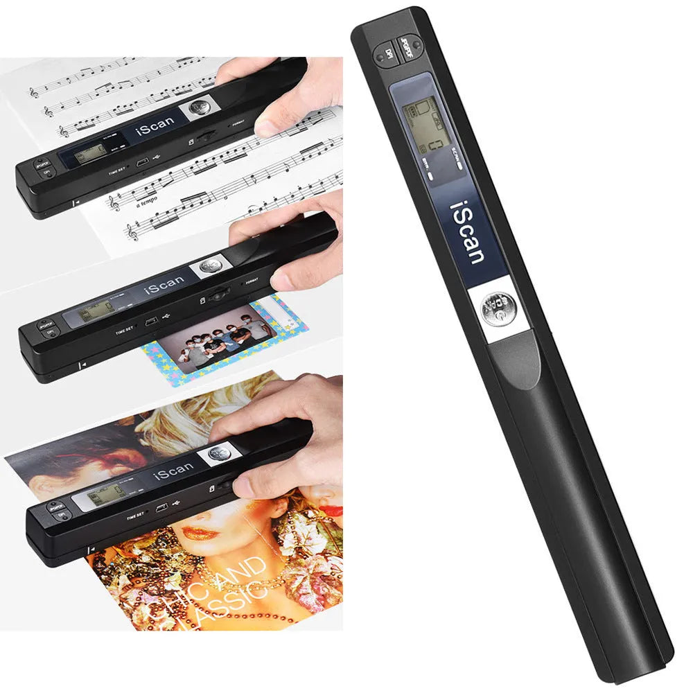 Handheld plastic scanner showing five colour options: black, blue, green, red, and silver