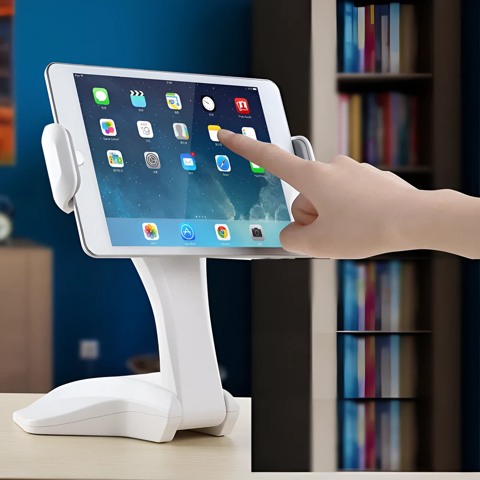 White tablet stand with adjustable clip holding a tablet at 250 mm height