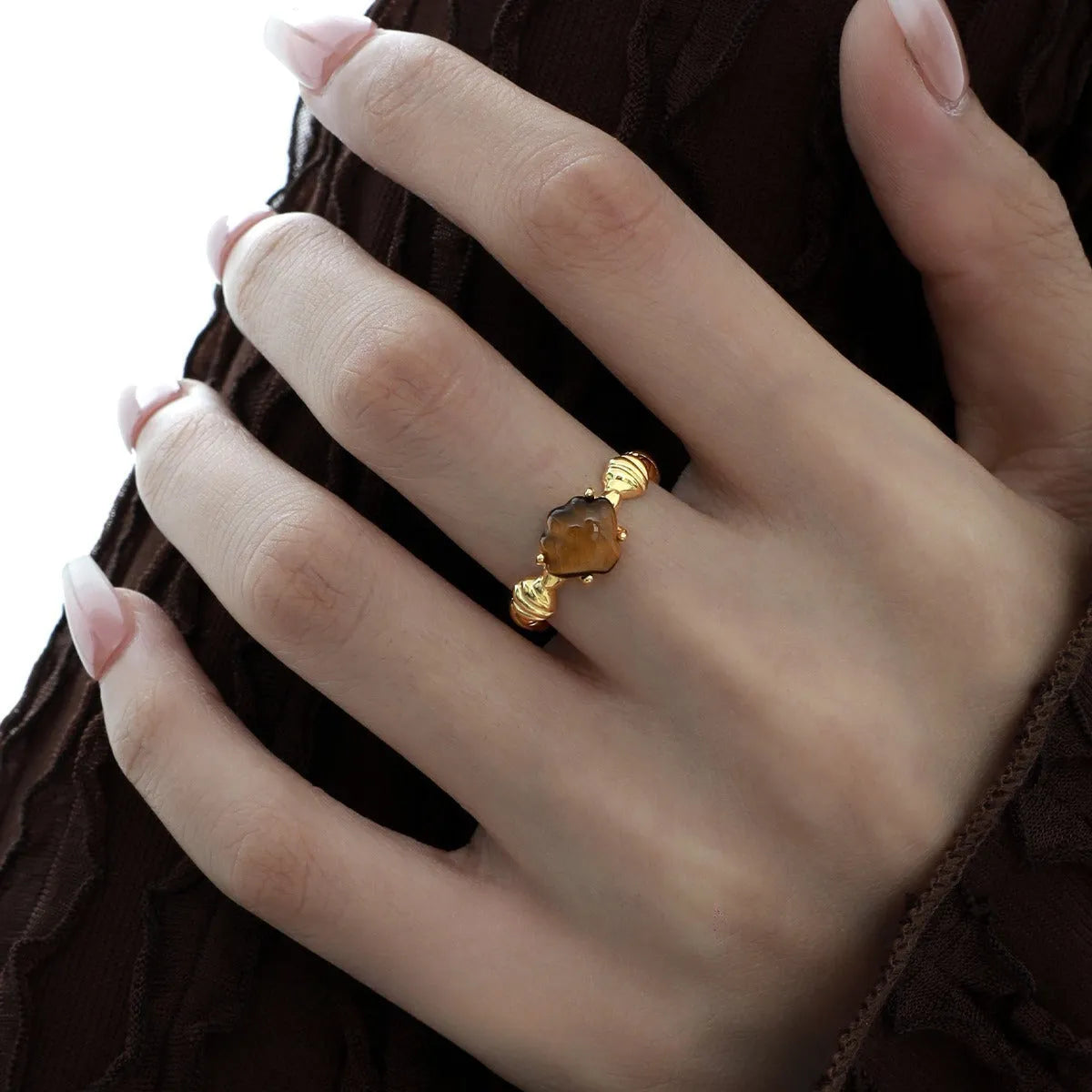 Women's adjustable ring with shell tiger eye gemstone in electroplated silver with gold colour finish