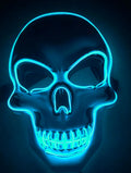 A person wearing a black LED skeleton mask with glowing red eyes and mouth at a party.
