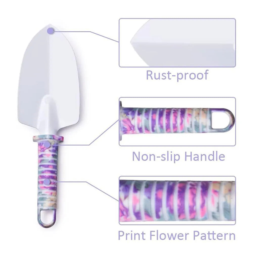 Ten-piece purple gardening tool set with sandblasted anti-rust coating and plastic handles in a box