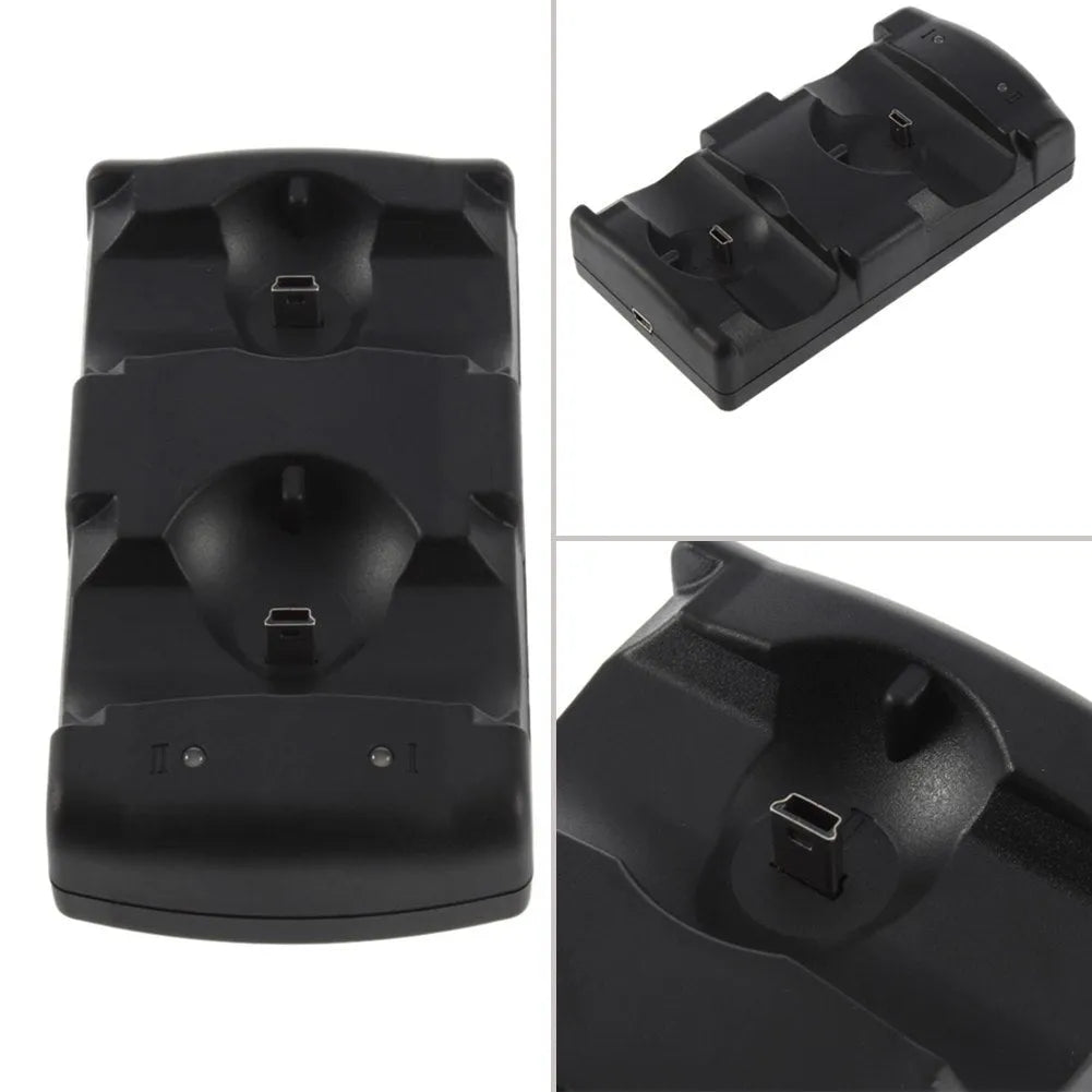 Black PS3 dual controller charging dock with two wireless controllers placed on it, connected via a USB cable.